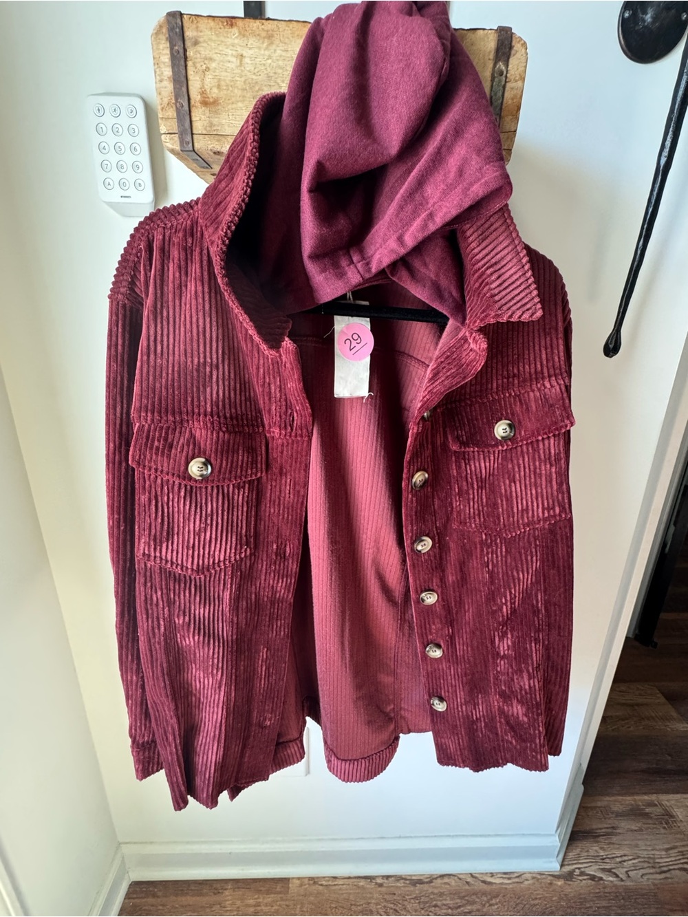 Women's Corduroy Button-Up Jacket with Hood - Burgundy shacket mystree small